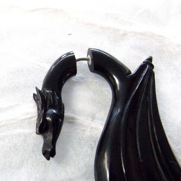 CARVED DRAGON FAUX GAUGE BLACK EARRINGS