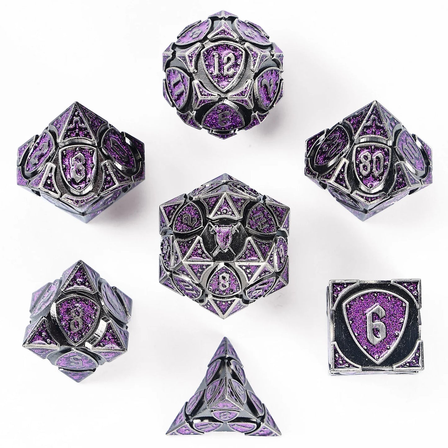 METAL FIGHTER RPG DICE - ANCIENT SILVER w/PURPLE
