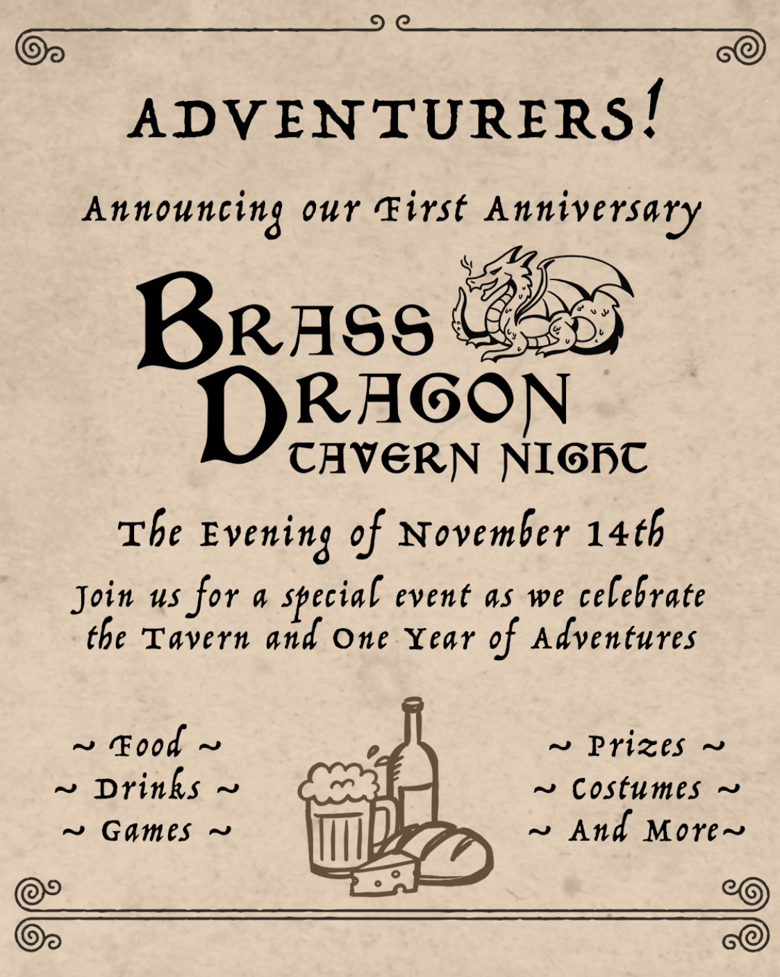 BRASS DRAGON'S FIRST ANNIVERSARY TAVERN NIGHT!
