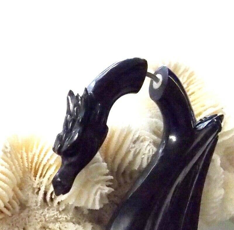 CARVED DRAGON FAUX GAUGE BLACK EARRINGS