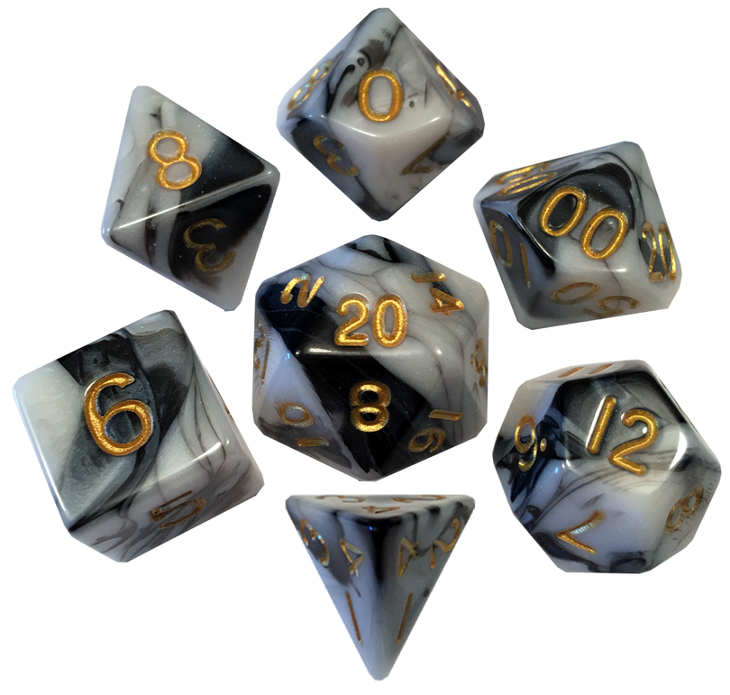 Marble with Gold Numbers 16mm Polyhedral Dice Set