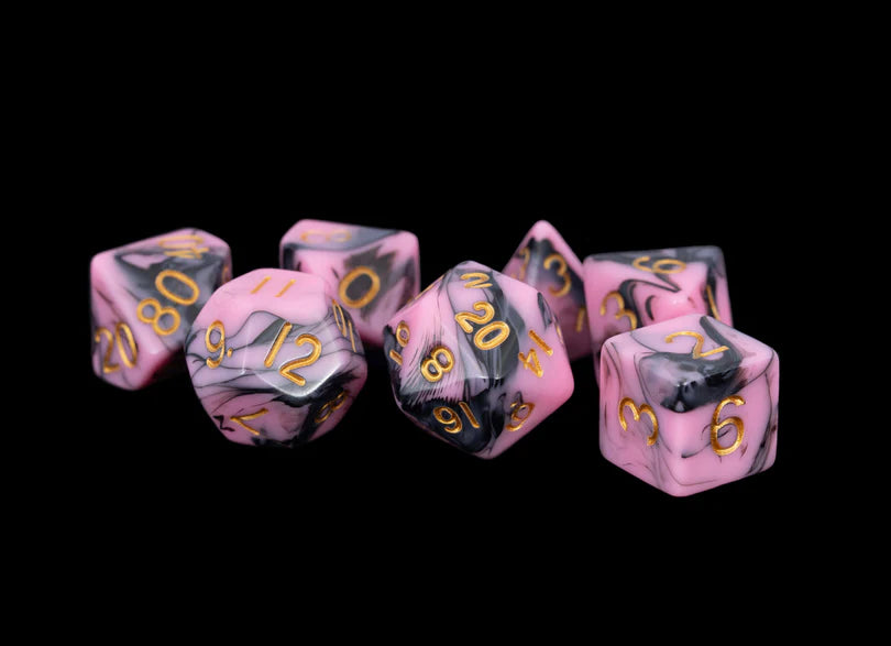 FANROLL MARBLE PINK AND BLACK W/ YELLOW NUMBERS POLYHEDRAL SET