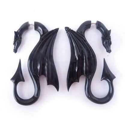 CARVED DRAGON FAUX GAUGE BLACK EARRINGS