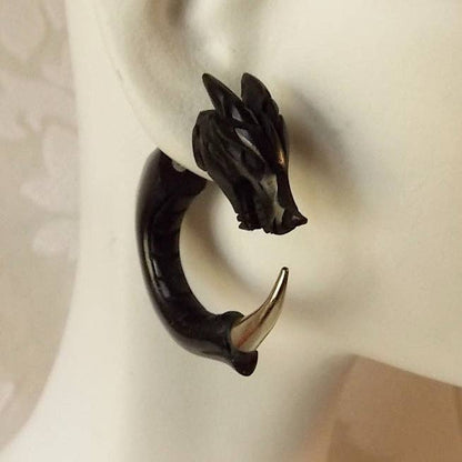 CARVED DRAGON SPLIT HOOP FAUX GAUGE EARRINGS W/SILVER TIP