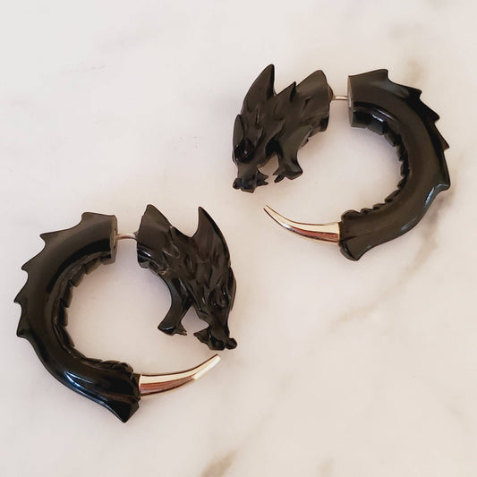 CARVED DRAGON SPLIT HOOP FAUX GAUGE EARRINGS W/SILVER TIP