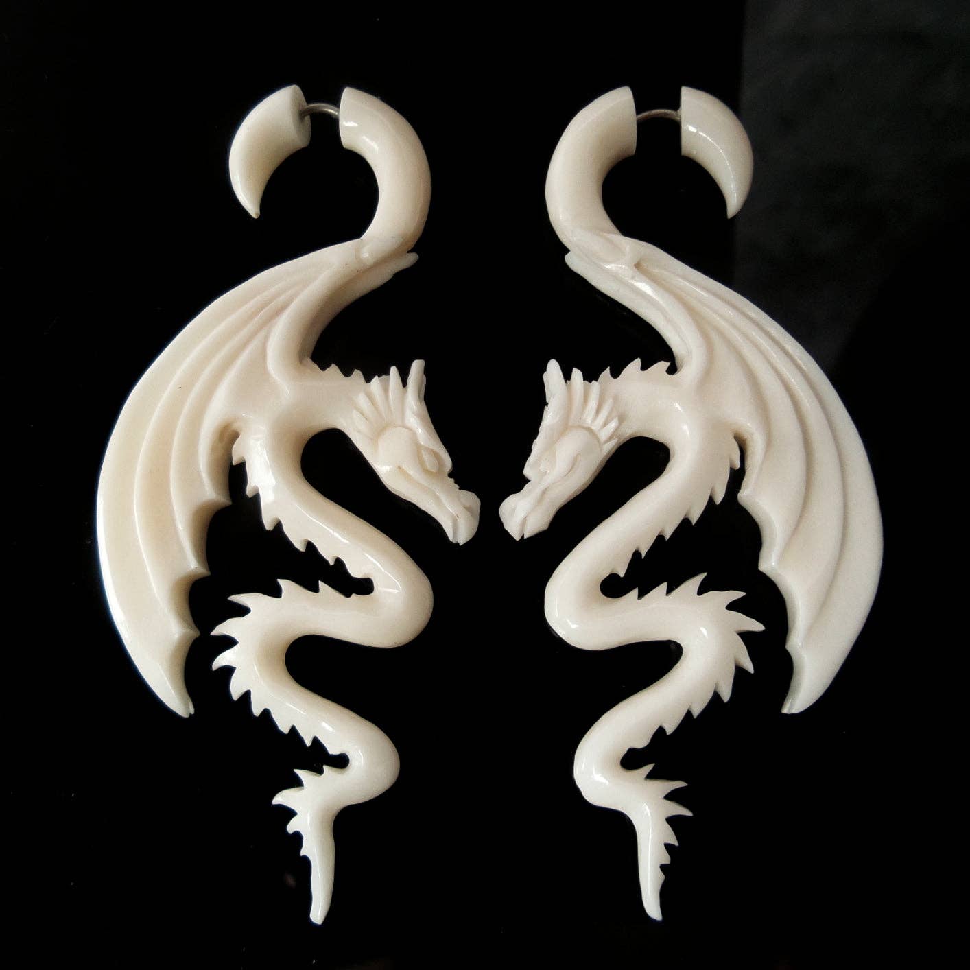 CARVED WHITE DRAGON FAUX GAUGE EARRINGS