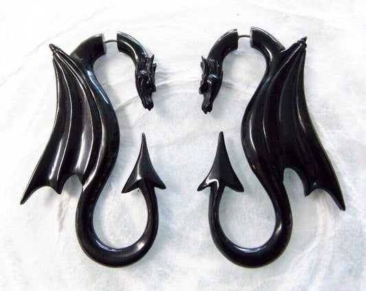 CARVED DRAGON FAUX GAUGE BLACK EARRINGS