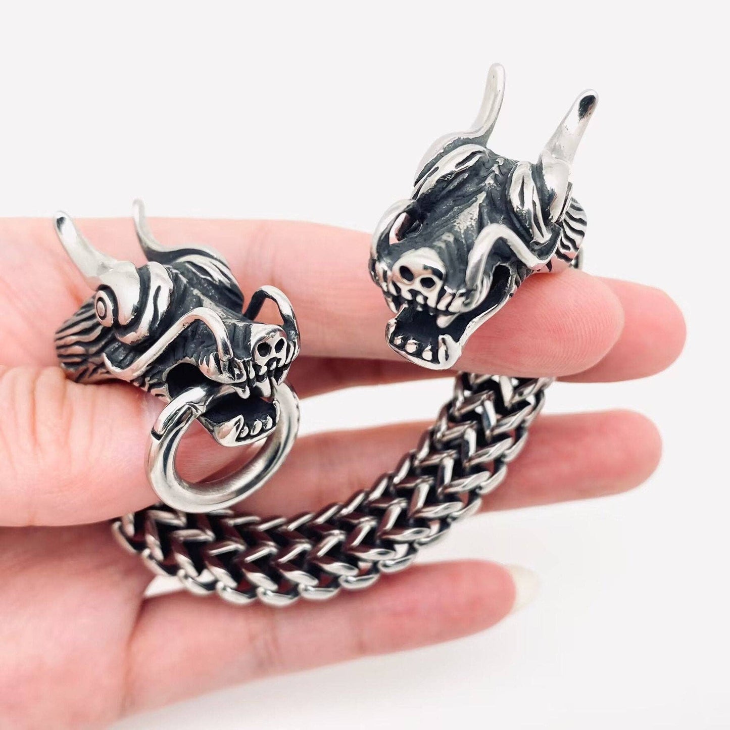 VINTAGE DOUBLE DRAGON HEAD STAINLESS STEEL BRACELET