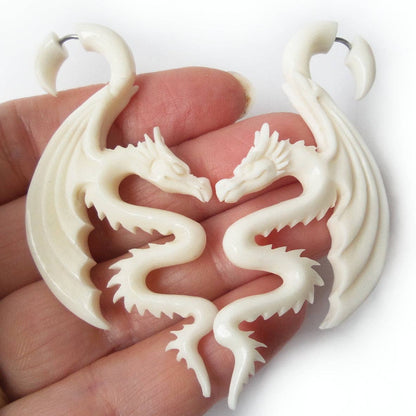 CARVED WHITE DRAGON FAUX GAUGE EARRINGS