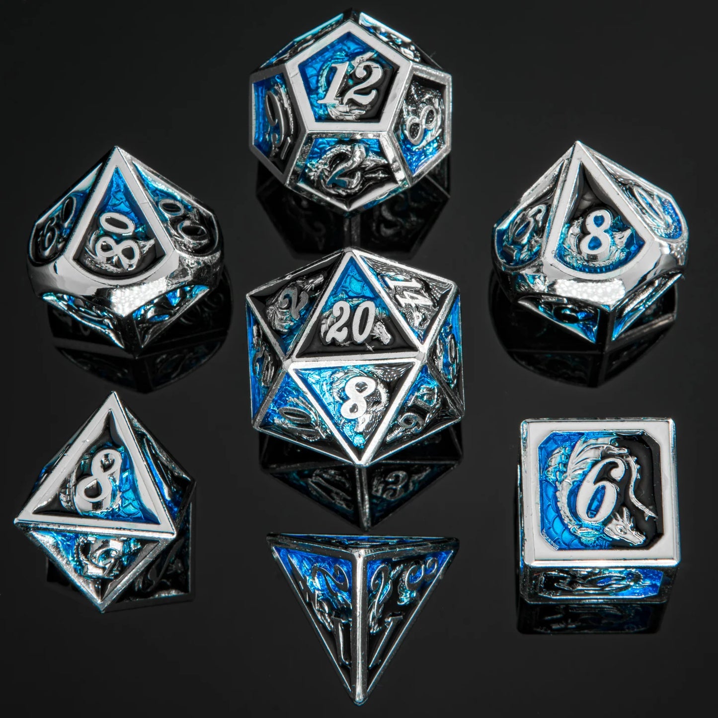 SOLID METAL DRAGON DICE - SILVER w/BLUE & BLACK