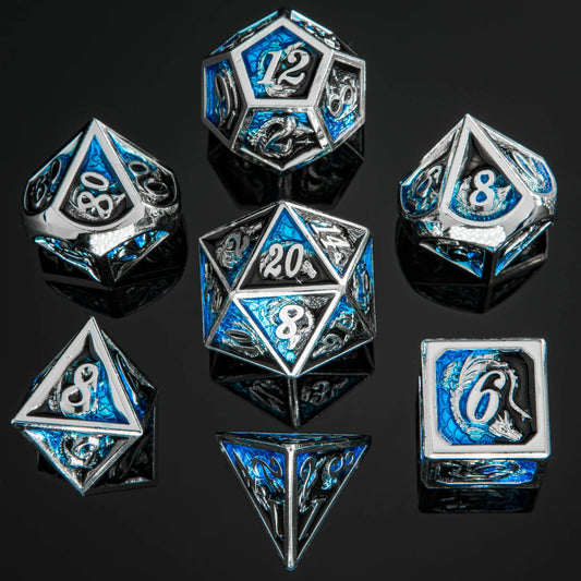 SOLID METAL DRAGON DICE - SILVER w/BLUE & BLACK