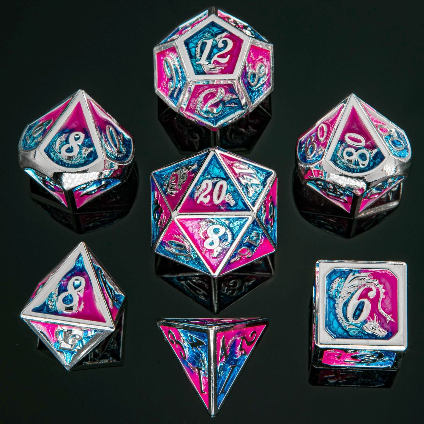 Solid Metal Dragon Polyhedral Dice Set - Silver with Pink and Blue