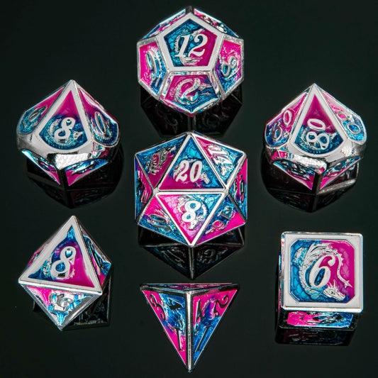 Solid Metal Dragon Polyhedral Dice Set - Silver with Pink and Blue