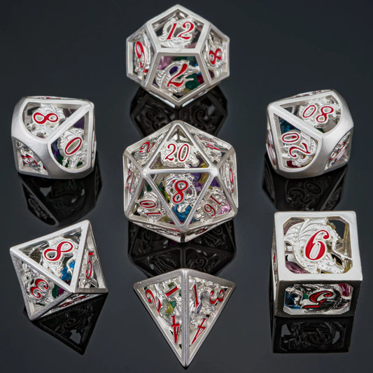 HYMGHO Hollow Dragon Polyhedral Dice Set Filled With Gems - Silver