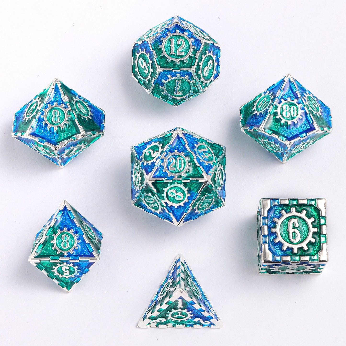 Solid Metal Gear Dice Polyhedral Dice Set - Silver with Blue and Green