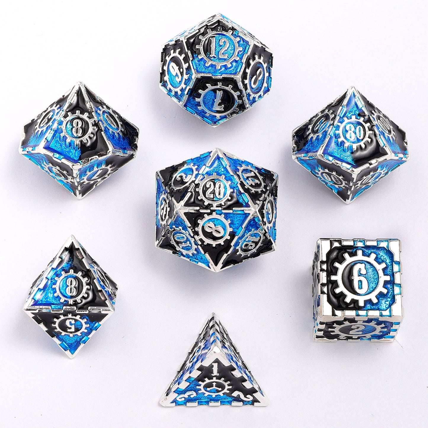 Solid Metal Gear Dice Polyhedral Dice Set - Silver with Blue and Black