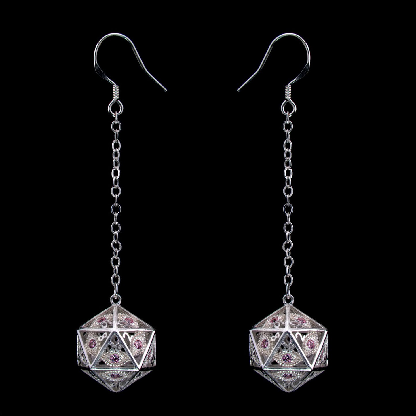 Dragon's Eye D20 Dice Earrings - Silver with Pink Gems