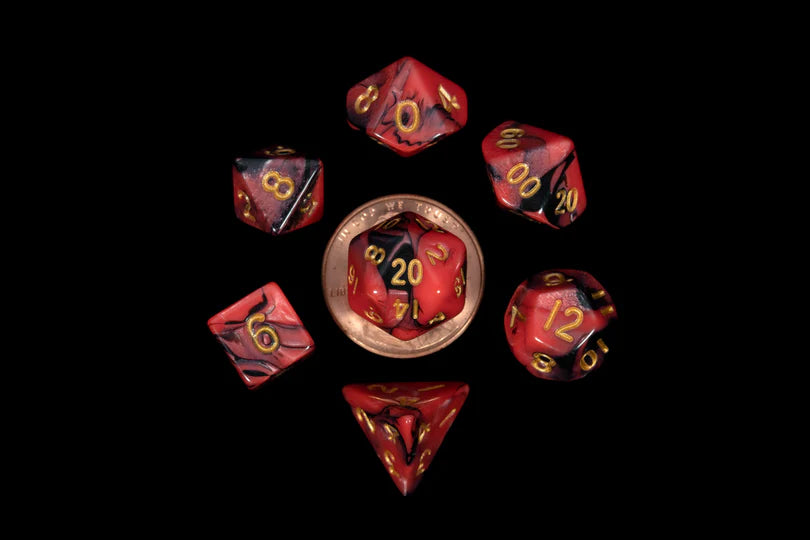 10mm MINI MARBLE DICE SET RED AND BLACK W/GOLD NUMBERS
