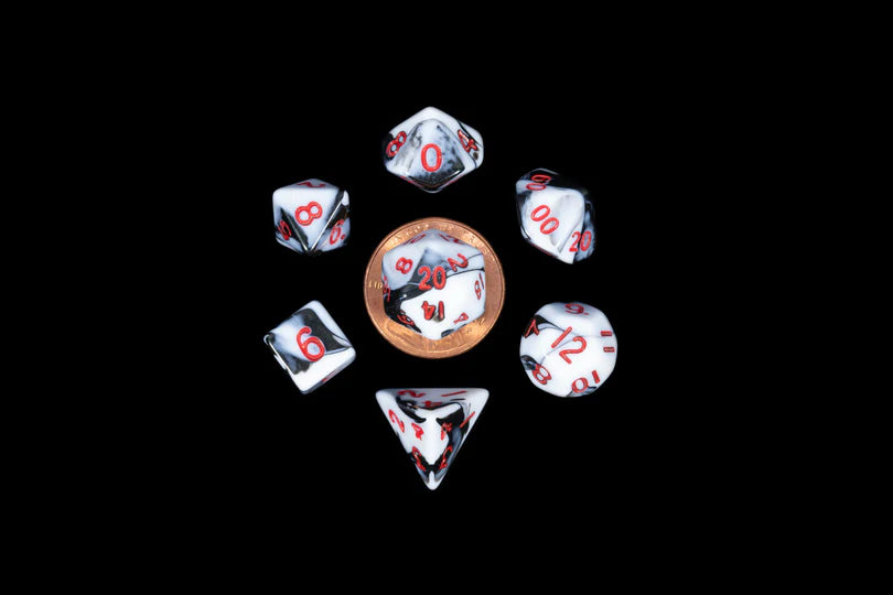 10mm MINI MARBLE DICE SET RED NUMBERS
