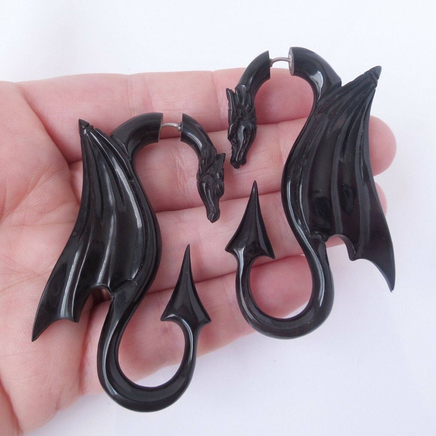 CARVED DRAGON FAUX GAUGE BLACK EARRINGS