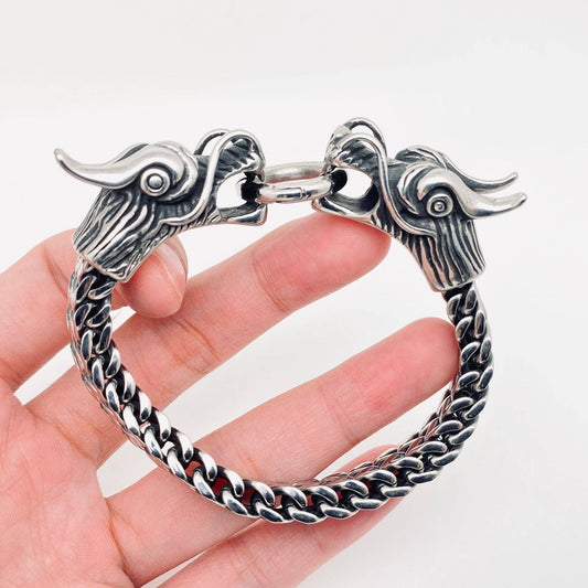 VINTAGE DOUBLE DRAGON HEAD STAINLESS STEEL BRACELET