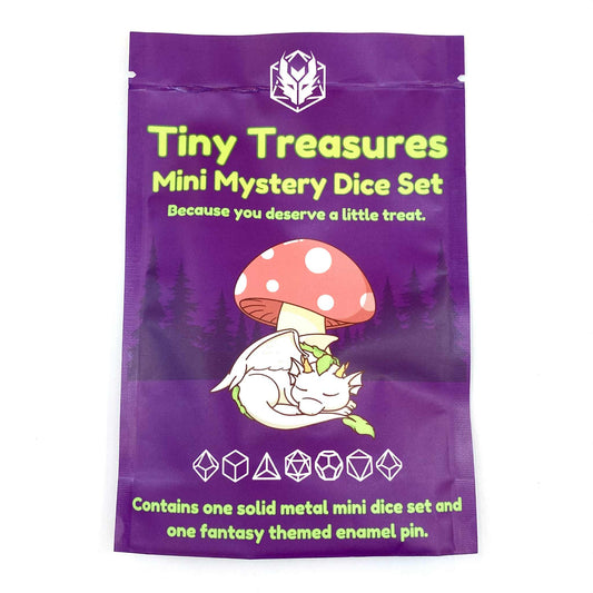 TINY TREASURES MYSTERY PACK - 10mm DICE SET AND ENAMEL PIN