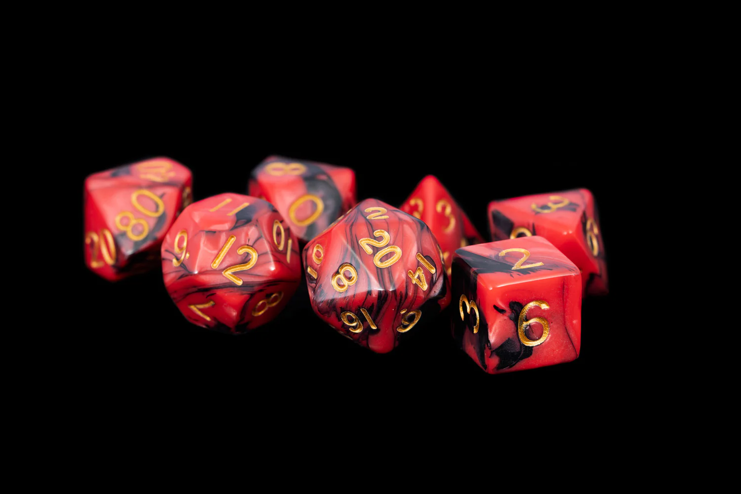 Black and Red Marble with Gold Numbers 16mm Poly Dice Set